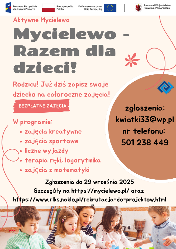 Plakat promujący projekt: u dołu dzieci siedzą na dywanie i bawią się, powyżej garść informacji z artykułu oraz logotypy unijne.