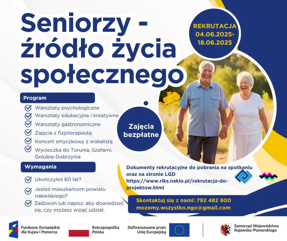 Plakat zachęcający do udziału w projekcie. Na zdjęciu para osób w starszym wieku, uśmiechnięci, trzymają się za rękę.