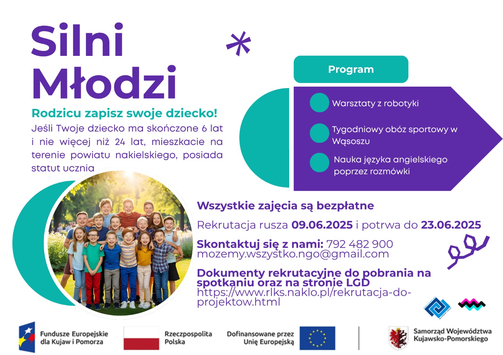 Plakat zachęcający do udziału w projekcie - powiela część informacji z artykułu. Na zdjęciu grupa uśmiechniętych dzieci patrzy w obiektyw.