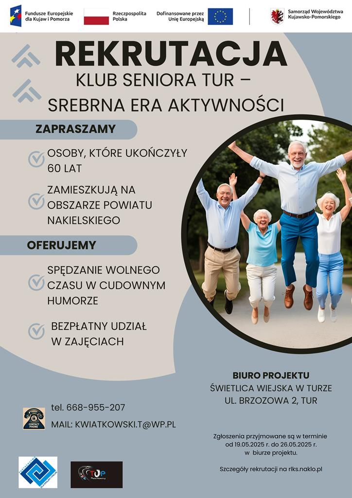 Plakat promocyjny projektu z najważniejszymi informacjami z tekstu powyżej oraz zdjęciem seniorów wyskakujących do góry.