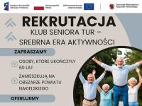 Napis: Rekrutacja uczestników, a pod nim zadowolona grupa seniorów podskakująca z radości do góry.