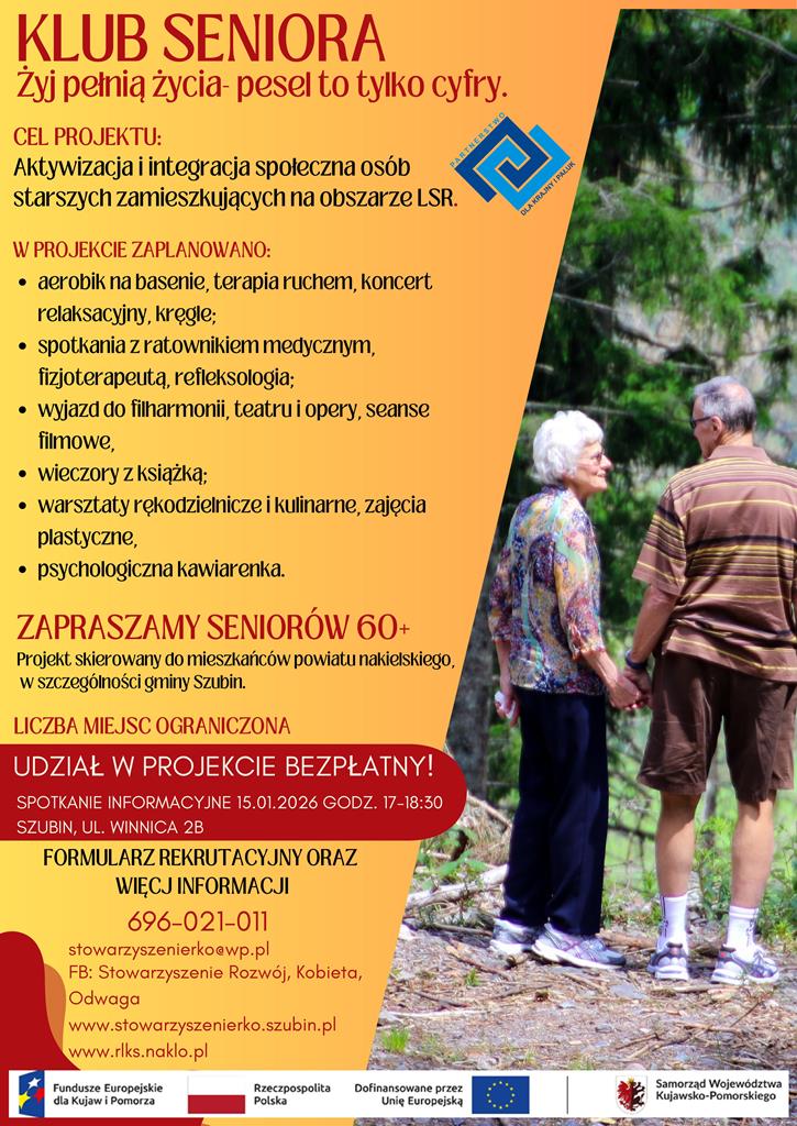 Plakat promocyjny projektu - pra seniorów trzyma się za ręce i spogląda na siebie. Na plakacie znajdują się dane kontaktowe wskazane w artykule powyżej.