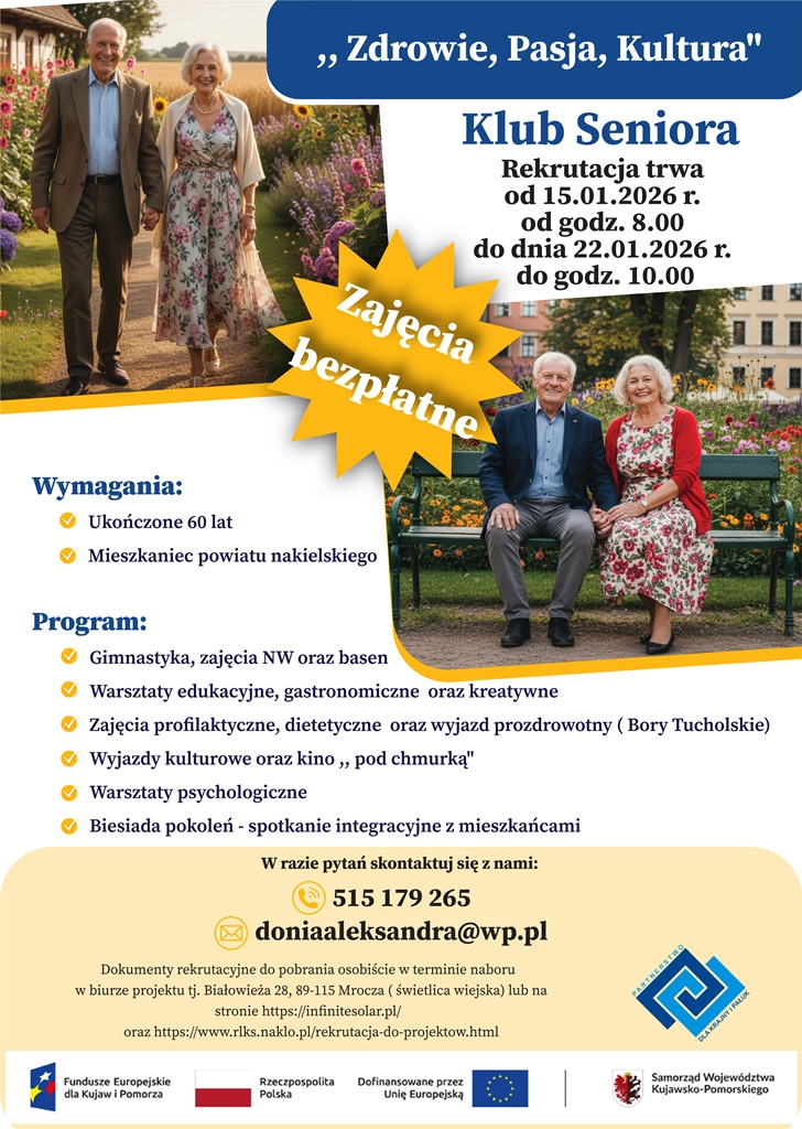 Plakat informacyjno-promocyjny projektu, na którym widać szczęśliwych seniorów. Zawiera dane kontaktowe do organizatora projektu, które wpisane są również w artykule powyżej.