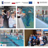 kolaż 5 zdjęć: aktywni seniorzy: na basenie