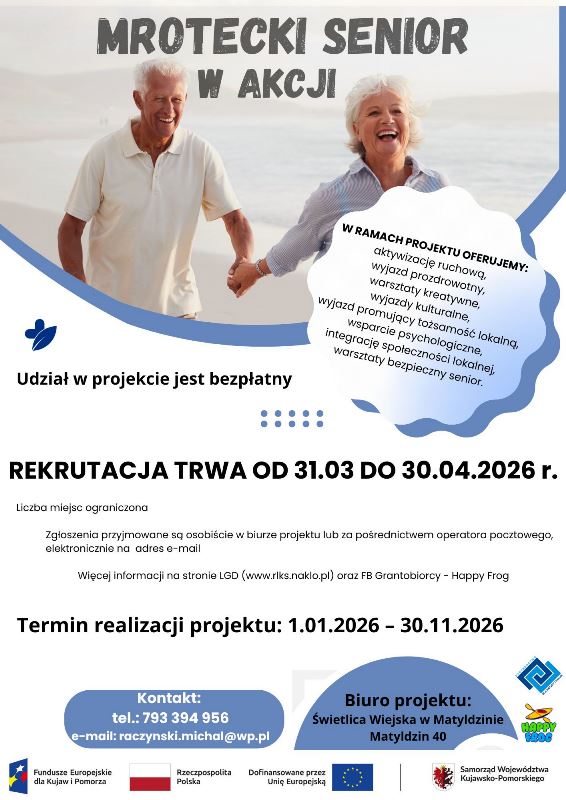 Plakat ze zdjęciem uśmiechniętych seniorów i najważniejszymi informacjami z tekstu powyżej.